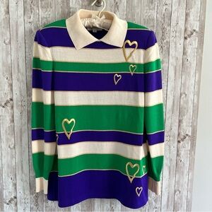 St. John Vintage Mardi Gras Collared Green and Purple Striped Sweater Medium